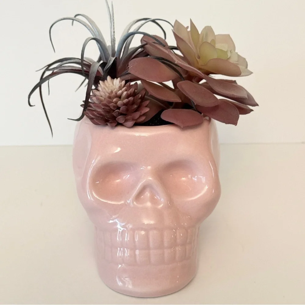 Pink Skull Planter with Faux Succulents
